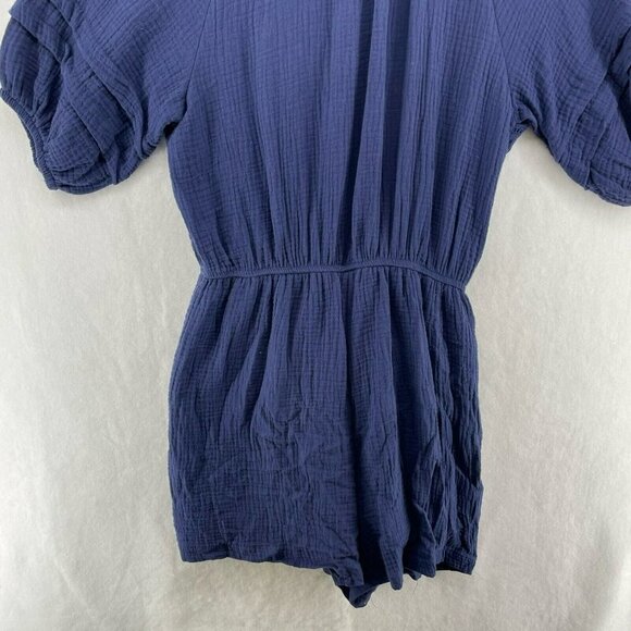 Knox Rose Romper Women's Sz M Navy Blue Lace Up Keyhole Puff Sleeve Smock Waist - Picture 13 of 14